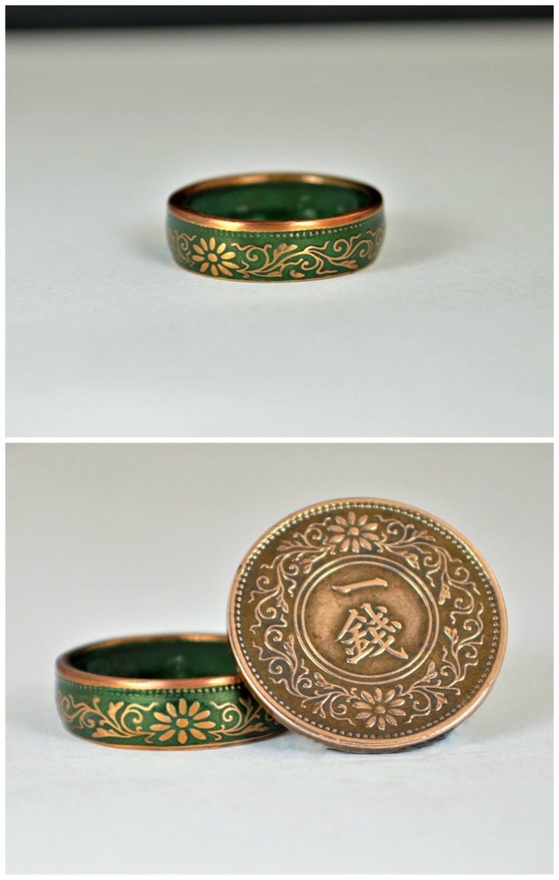 Japanese Coin Ring, Green Ring, Japanese Ring, Coin Ring, Bronze Ring, Japanese Coin, Japanese Jewelry, Coin Rings, Japanese Art, Coin Art image 1