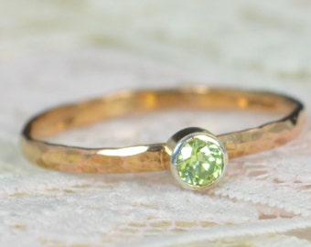 Peridot Engagement Ring, 14k Rose Gold, Peridot Wedding Ring Set, Rustic Wedding Ring Set, August Birthstone, Solid 14k Peridot Ring