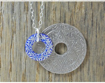 Moroccan Coin Necklace, Blue Coin Necklace, Coin Art, Morocco, Silver Coin, Moroccan Art, Boho Necklace, Two-Sided, Coin Charm, Charm