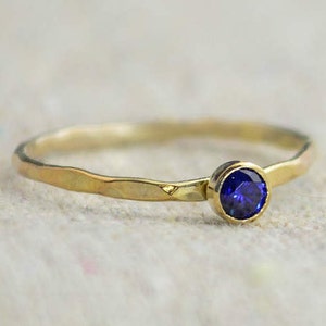 Dainty Gold Filled Sapphire Ring, Hammered Gold, Stacking Rings, Mother's Ring, September Birthstone Ring, Stackable Ring, Rustic Sapphire image 1