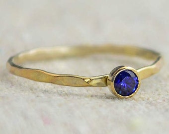 Dainty Gold Filled Sapphire Ring, Hammered Gold, Stacking Rings, Mother's Ring, September Birthstone Ring, Stackable Ring, Rustic Sapphire