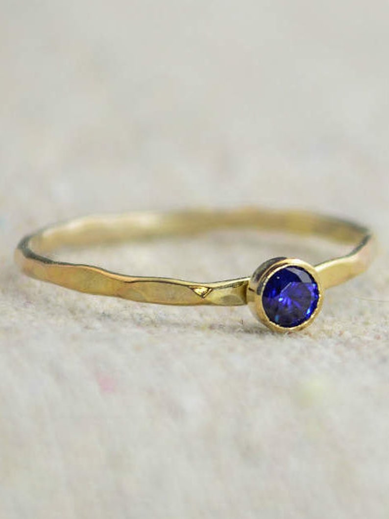 Dainty Gold Filled Sapphire Ring, Hammered Gold, Stacking Rings, Mother's Ring, September Birthstone Ring, Stackable Ring, Rustic Sapphire image 1