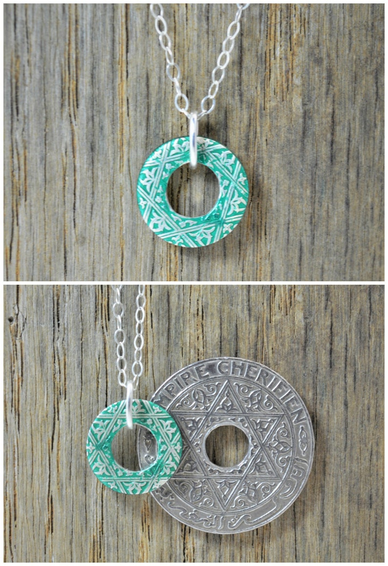 Moroccan Coin Necklace, Green Coin Necklace, Coin Art, Morocco, Silver Coin, Moroccan Art, Boho Necklace, Two-Sided, Coin Charm, Charm image 2