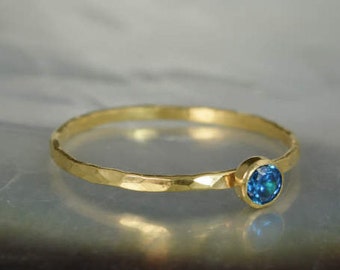 Dainty Solid 14k Gold Blue Zircon Ring, 3mm gold solitaire, solitaire ring, real gold, December Birthstone, Mothers Ring, Solid gold band