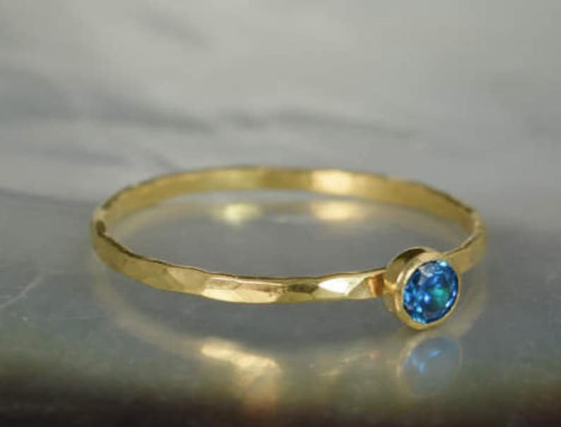 Dainty Solid 14k Gold Blue Zircon Ring, 3mm gold solitaire, solitaire ring, real gold, December Birthstone, Mothers Ring, Solid gold band image 1