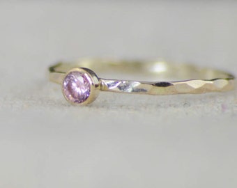 Dainty Gold Filled Pink Tourmaline Ring, Hammered Gold, Stacking Rings, Mother's Ring, October Birthstone Ring, Pink Ring, Rustic Tourmaline