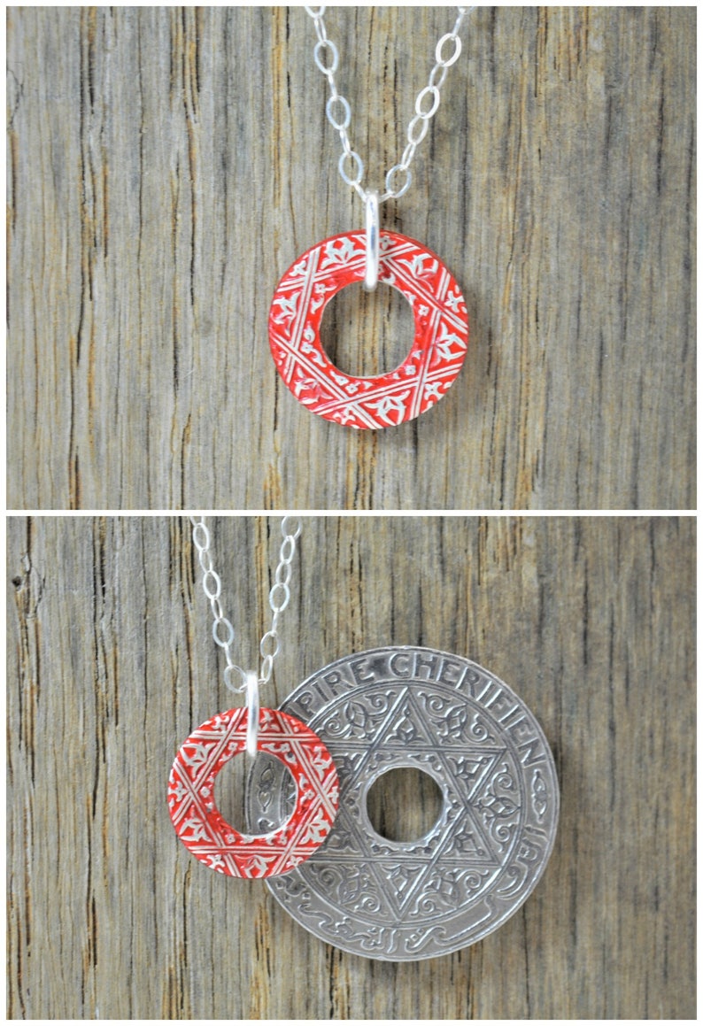 Moroccan Coin Necklace, Red Coin Necklace, Coin Art, Morocco, Silver Coin, Moroccan Art, Boho Necklace, Two-Sided, Coin Charm, Charm image 2