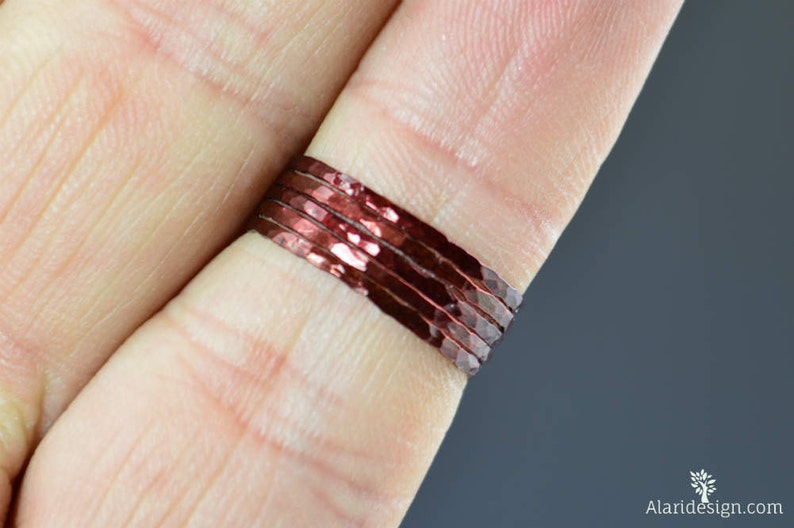 Super Thin Cherry Copper Stackable Rings, Copper Ring, Skinny Ring, Copper Band, Red Copper Ring, Hammered Copper Ring, Arthritis Ring image 2