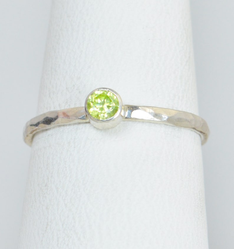 Dainty Peridot Ring, Hammered Silver, Stackable Rings, Mother's Ring, August Birthstone Ring, Skinny Ring, Birthday Ring image 2