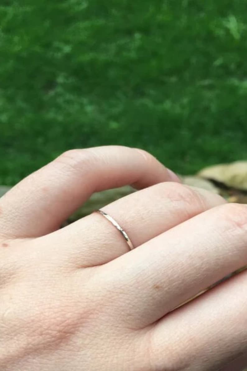 Solid White Gold Stacking Ring 10k, 14k, or 18k Real Gold, Dainty, Rustic & Unique, Thin, Minimalist and Lightweight image 4