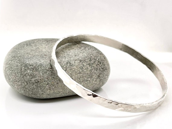 4mm Wide Silver Hammered Bangle, Sterling Silver Bangle