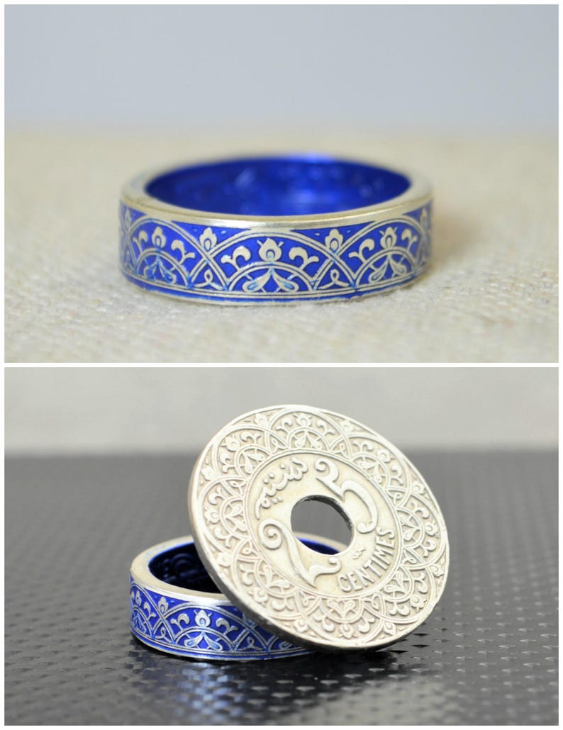 Moroccan Coin Ring, Blue Coin Ring, Stained Glass Ring, Blue Ring, Coin Art, Morocco, Silver Coin Ring, Moroccan Art, Boho Ring, Blue image 2