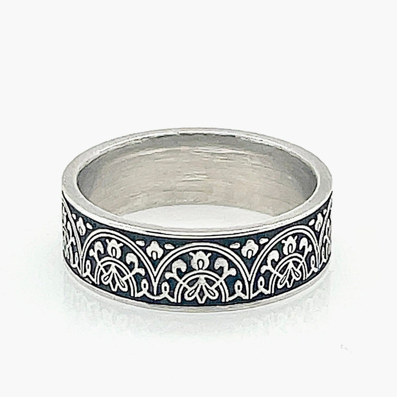 Gothic Moroccan BoHo Ring, Solid White Gold Wedding Ring, Islamic Art, Black Colored Band, Unisex Ring, 6mm ring. image 3