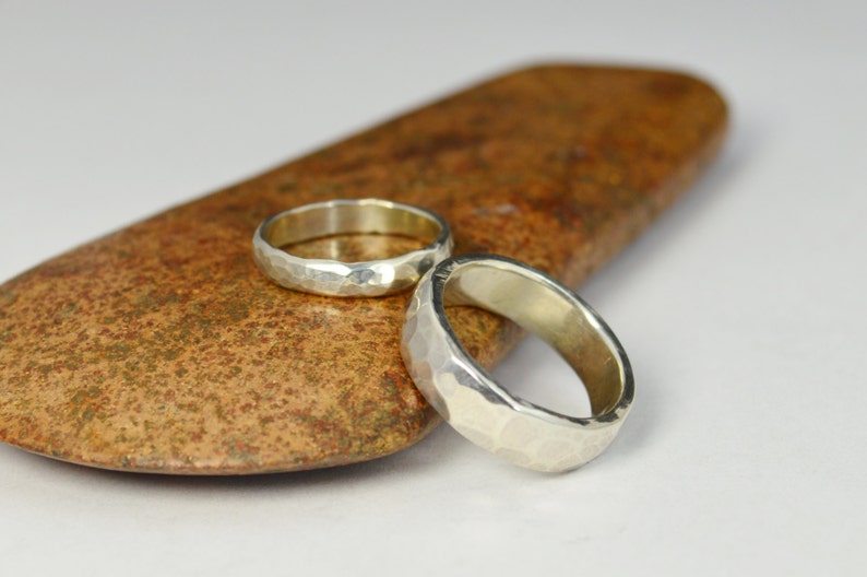 Hammered Silver Wedding Bands, Rustic Wedding Rings, Wedding Ring Set, Sterling Silver, Inside Ring Engraving Included, Inexpensive Bands image 3