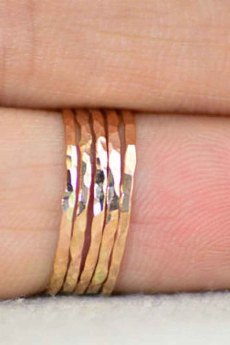 Set of 5 Super Thin Rose Gold Filled Rings, Thin Rose Gold Ring, Hammered Ring, Gold Stacking Ring, Thin Gold Ring, Minimal Gold Ring, Alari image 2