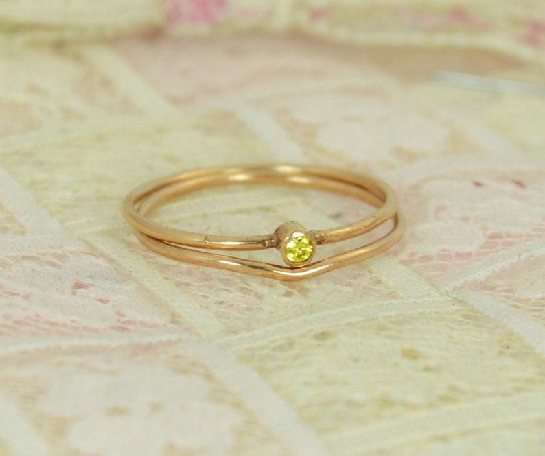 Tiny Citrine Ring Set, Solid 14k Rose Gold Wedding Set, Stacking Ring, Solid 14k Gold Citrine Ring, November Birthstone, Bridal Set, Topaz image 3