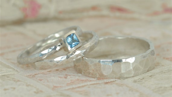 Sterling Silver Square Gemstone Hammered Rings Sterling Silver Square Gemstone Hammered Rings