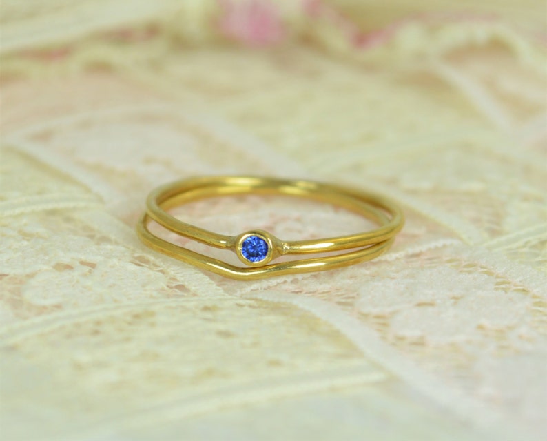 Tiny Sapphire Ring Set, Solid 14k Gold Wedding Set, Stacking Ring, Solid 14k Gold Sapphire Ring, September Birthstone, Bridal Set, Gold image 2
