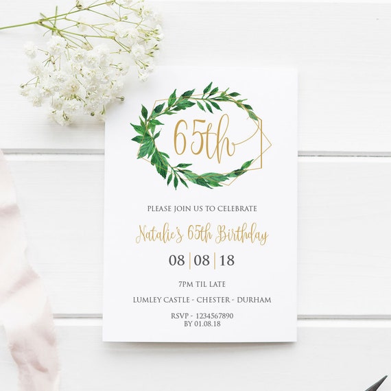 65th Birthday Invitation 65th Printable Geometric Greenery | Etsy