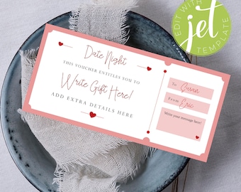 Editable Date Night Coupon, Valentine Day Gift Voucher, Love Coupon, Anniversary Gift Voucher, Digital Gift Voucher, Any Text, V2