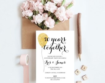Golden Anniversary Invitation, 50th Wedding Anniversary Invitation, 5x7 Template, Editable Template, Digital Invite, Cocktail Party