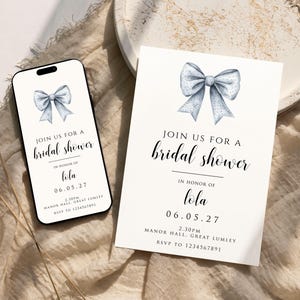Modern Bow Bridal Shower Invitation, Printable Wedding Template, Bow Bridal Shower Invite card, Electronic Invitation, 31