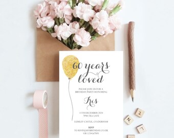 Birthday Invitation, Years Loved Invitation, Any Age Invitation 5x7 Template, Editable Template, Digital Invite, Balloon Invitation