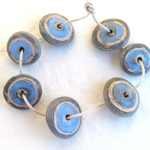 Disc Beads - ceramic beads, ethnic, natural jewelry, grey, blue, beads for jewellry, earthy beads, tribal, ethno, art beads hand made unique