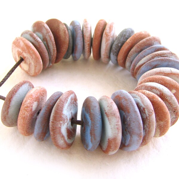 27 Ceramic beads - flat beads, fashions jewelry making, mixed color beads, terracotta, blue, rustic beads, bracelet beads, primitive beads