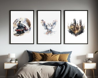 Set of 3 - Wizard Castle, Express Train & Owl posters, Wizard Wall Art, Harry, Watercolour, Digital Download, Kids room, wizarding world