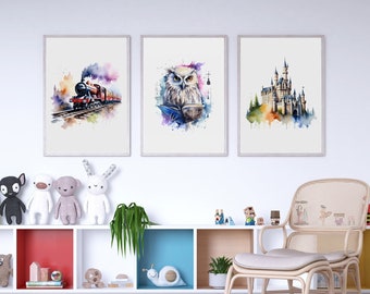 Wizard Castle, Train & Owl Posters: Watercolor Kids Wall Art (Digital Download)