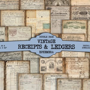 Peut inclure: Un collage de reçus et de registres anciens, avec des notes manuscrites, des tampons et de l'encre délavée. L'image comprend une bannière bleu clair avec les mots "Double Page Vintage Receipts & Ledgers Ephemera" et "A4 & 11 x 8.5".