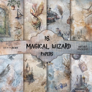 Set di 16 - Carta digitale con motivo da mago, diario da mago, sfondo magico, elementi, etichette, magia, mago, carta da strega, stampabile