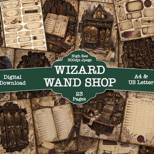 May include: A digital download collection of 23 pages titled Wizard Wand Shop, featuring high-resolution 300dpi Jpegs in A4 and US Letter sizes. The pages display vintage-style illustrations of wand shop interiors, ledger sheets, and labels.