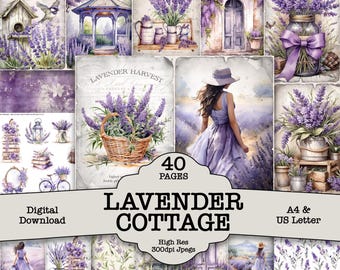 Lavender Cottage - 40 Page Junk Journal Digital Paper Pack: Vintage Floral (Digital Download) Junk Journal Scrapbook Kit Craft Crafting