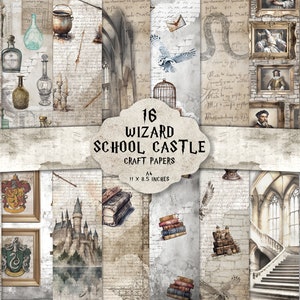 Lot de 16 - Papier numérique Wizard Castle, journal de bordel de sorcier, arrière-plan magique, éléments, étiquettes, magie, sorcier, sorcière, imprimable, château