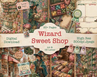 Wizard Sweet Shop Junk Journal Kit: Magic Scrapbook Pages (Digital Download) Witch, Magical, Craft, Kit, Wizarding, sweety, candy store