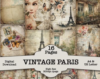 Vintage Paris Junk Journal Kit: 16 Shabby Chic Travel Printable Pages (Digital Download) Junk Journal Scrapbook Kit Craft Floral Landscape