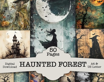 Haunted Forest Junk Journal - 50 Pages: Scrapbook Halloween (Digital Download) Magical Witch Craft Kit Papers Spider, Bat, Pumpkin, Woods,
