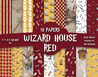 May include: 18 digital papers featuring a wizard house theme in red, yellow, and white. The papers include various patterns such as owls, glasses, and a phoenix.