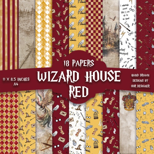 Set of 18 - Wizard house red, pattern digital paper, wizard junk journal, magic background, magic, wizard world, witch paper, printable