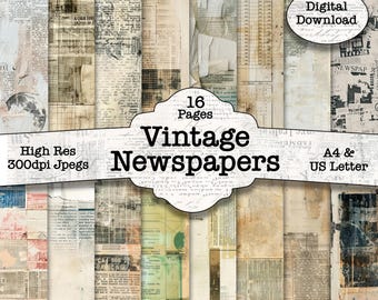 Vintage Newspaper Texture Pages: Distressed Journal Kit (Digital Download, 16 Pages) Junk Journal Scrapbook Kit Craft Crafting