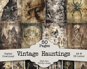 Vintage Haunting Junk Journal - 50 Pages: Scrapbook Halloween (Digital Download) Magical Witch Craft Kit Papers, Bat, Pumpkin, Woods, Spooky