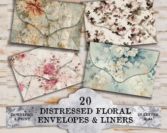 20 vintage floral Envelopes & Liners, Junk Journal Kit, Decorative, Printable Shabby Pages, Roses, Vintage, mini envelopes, Scrapbook,