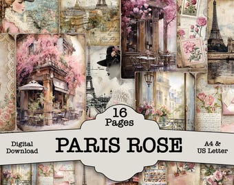 Paris Rose Junk Journal Kit: 16 Shabby Chic Printable Pages (Digital Download) Junk Journal Scrapbook Kit Craft Roses Floral Landscape