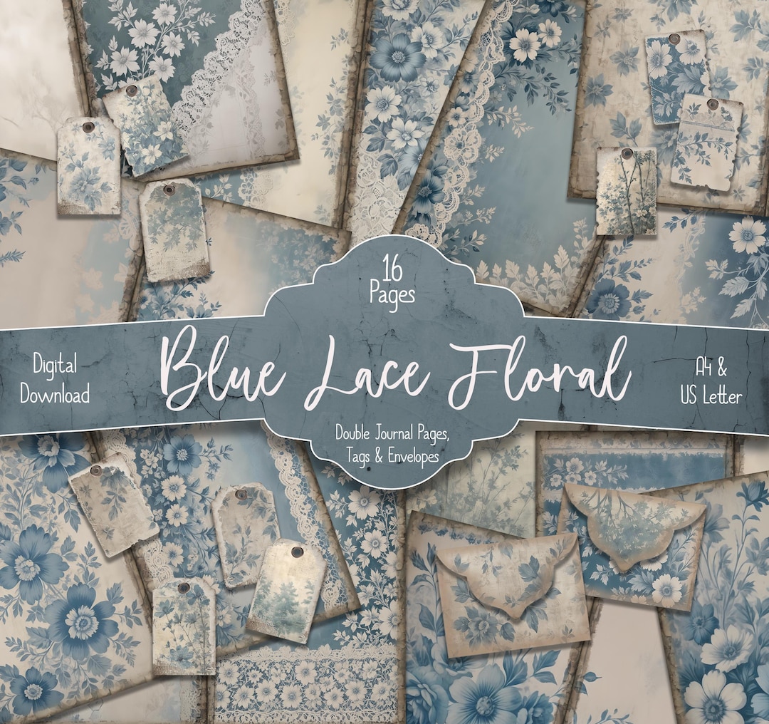 Blue Lace Floral Junk Journal Kit: Shabby Chic Printable Pages (digital ...