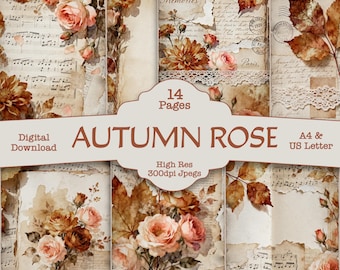 Autumn Rose Junk Journal Kit: Shabby Chic Printable Pages (Digital Download) Junk Journal Scrapbook Kit Craft Crafting Roses Floral