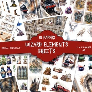 Set di 18 - Pacchetto di elementi del mago - Oltre 200 elementi, diario di scarto del mago, sfondo magico, magia, mago, tagli elaborati, carta da strega, stampabile