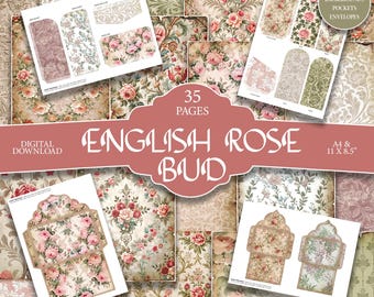 Victorian English Rose Digital Paper: Vintage Floral Scrapbook Kit (Digital Download) Junk Journal Scrapbook Kit Craft Crafting