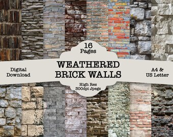 Weathered Brick Walls Textures Journal Pages: Distressed Printable Scrapbook Paper (Set of 16) (Digital Download) Junk Journal Kit Craft